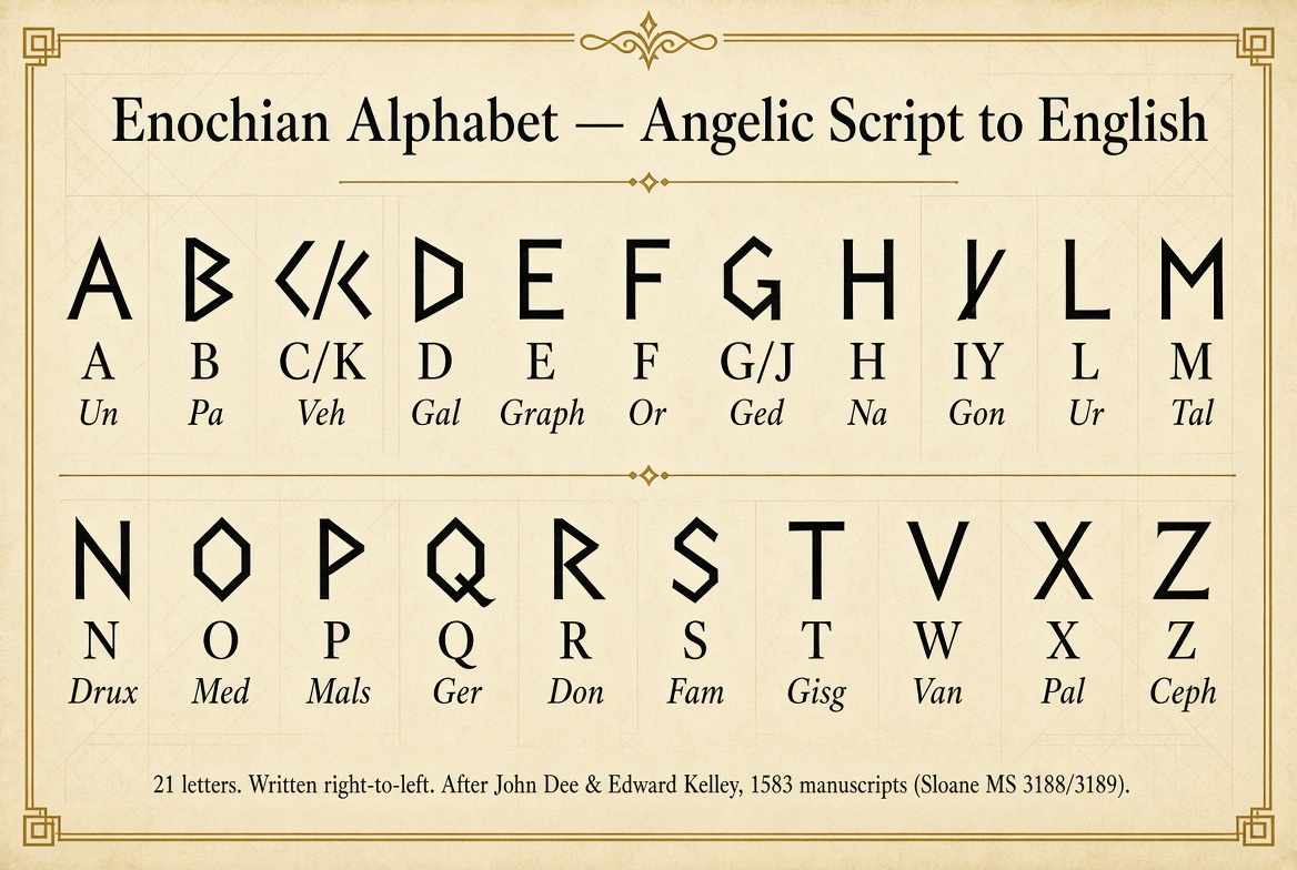 A chart of twenty-one Enochian letters with their English equivalents and the names Dee recorded